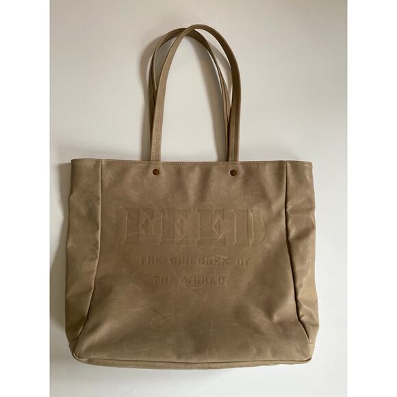 Feed The Children Of The World Leather Tote Bag Embossed Almond Shoulder Bag Tan - Picture 10 of 16